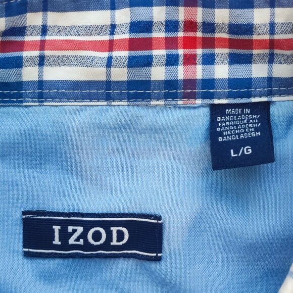IZOD button down short sleeve shirt white blue red plaid men's size L - Picture 5 of 5